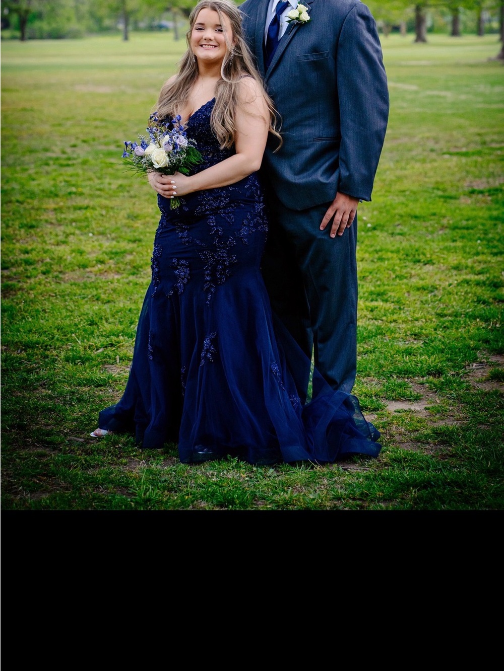 La Femme Navy Blue Lace Mermaid Prom Dress